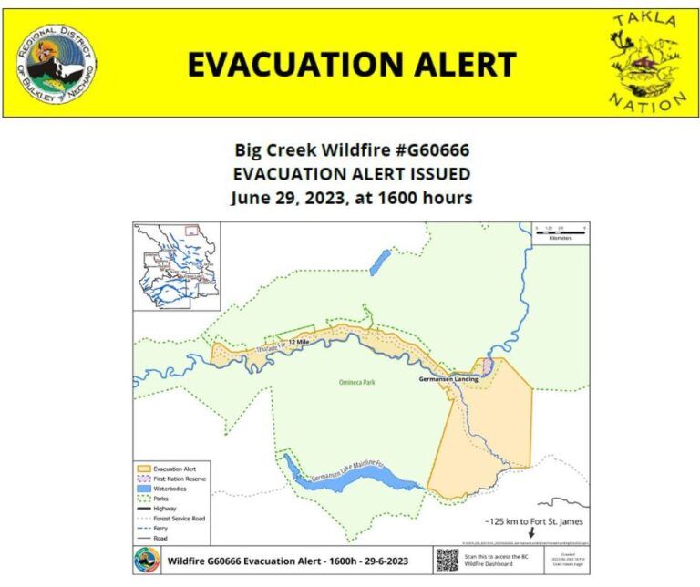 Evacuation alert in place for Big Creek fire, North of Fort St. James